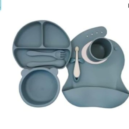 Silicone Baby Plate Set, Divided Plate with Utensils, Suction Cup, 7-Piece, Light Blue and gold