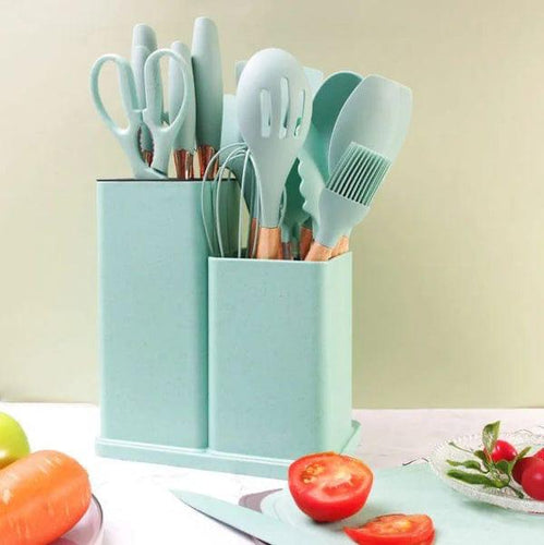 19 Kitchen Set Utensils Set with 11 Pieces Spatula Cooking Utensils,Heat Resistant Silicone Utensils 6 Piece Sharp Knife Set 2 Pieces Utensil Cutting Board (Green 19 PCS Set)