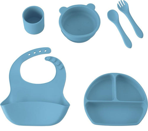 Silicone Baby Plate Set, Divided Plate with Utensils, Suction Cup, 7-Piece, Light Blue and gold