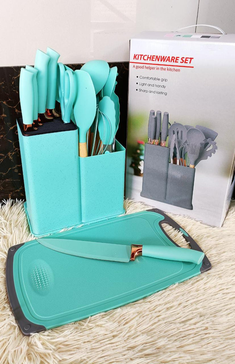 Load image into Gallery viewer, 19 Kitchen Set Utensils Set with 11 Pieces Spatula Cooking Utensils,Heat Resistant Silicone Utensils 6 Piece Sharp Knife Set 2 Pieces Utensil Cutting Board (Green 19 PCS Set)
