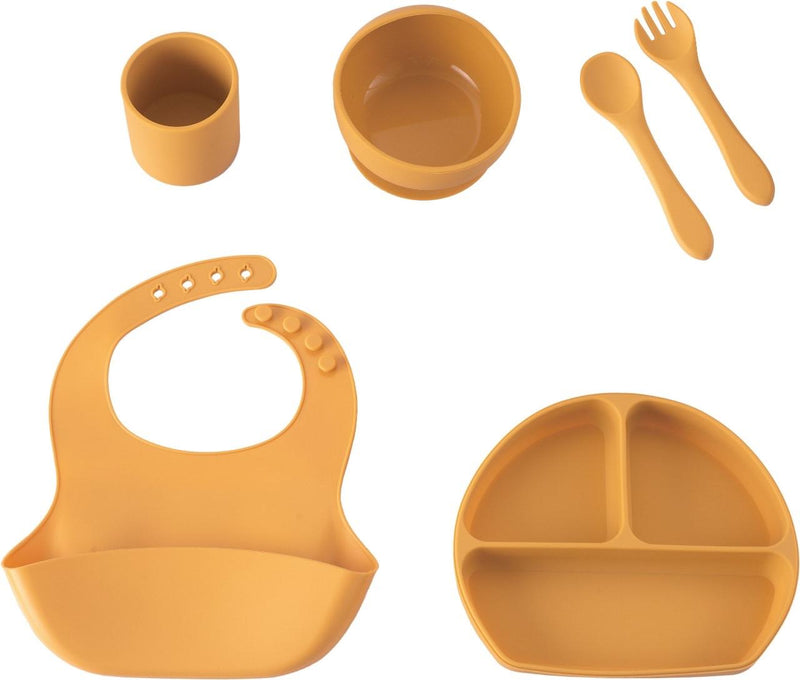 Load image into Gallery viewer, Silicone Baby Plate Set, Divided Plate with Utensils, Suction Cup, 7-Piece, Light Blue and gold
