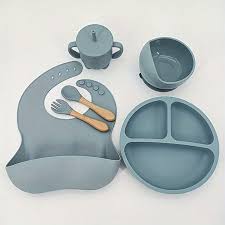 Load image into Gallery viewer, Silicone Baby Plate Set, Divided Plate with Utensils, Suction Cup, 7-Piece, Light Blue and gold
