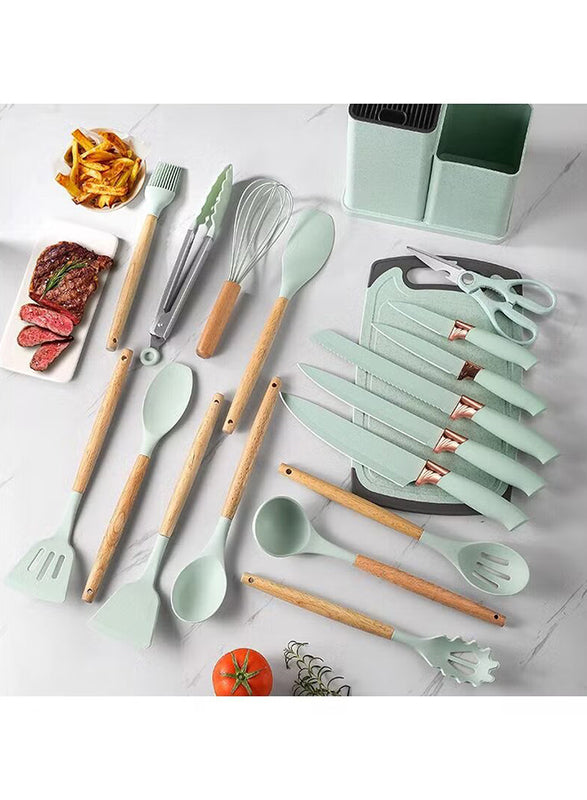 Load image into Gallery viewer, 19 Kitchen Set Utensils Set with 11 Pieces Spatula Cooking Utensils,Heat Resistant Silicone Utensils 6 Piece Sharp Knife Set 2 Pieces Utensil Cutting Board (Green 19 PCS Set)
